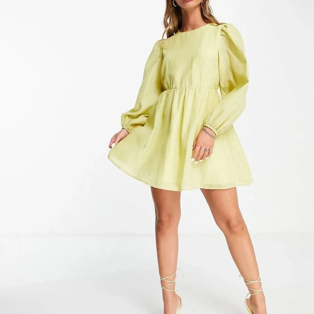 Ghospell a-line mini dress with puff sleeve in bright yellow SZ L